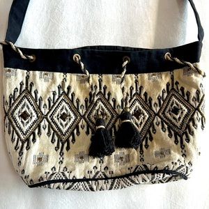 World Market fabric handbag with gold and black beads, embroidery, and tassels
